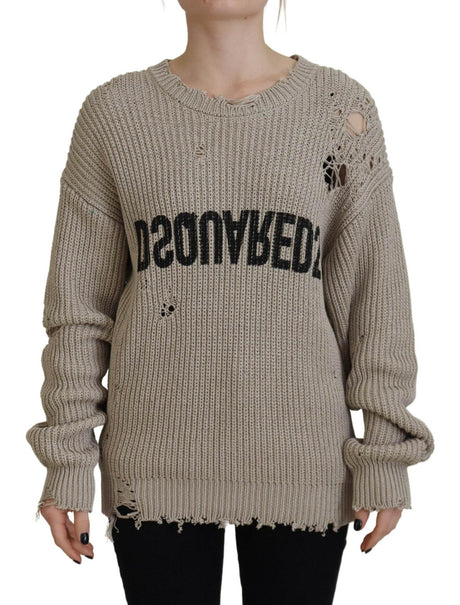Dsquared² Beige Cotton Knitted Crewneck Pullover Sweater - Hilstor