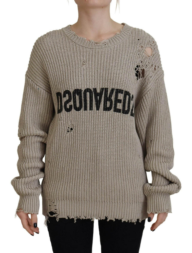 Dsquared² Beige Cotton Knitted Crewneck Pullover Sweater - Hilstor