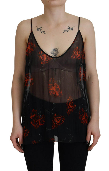 Dsquared² Black Floral Print Spaghetti Strap Tank Blouse Top - Hilstor