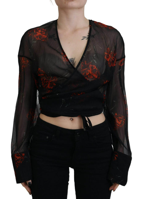 Dsquared² Black Floral Print Cropped Wrap Long Sleeves Top - Hilstor