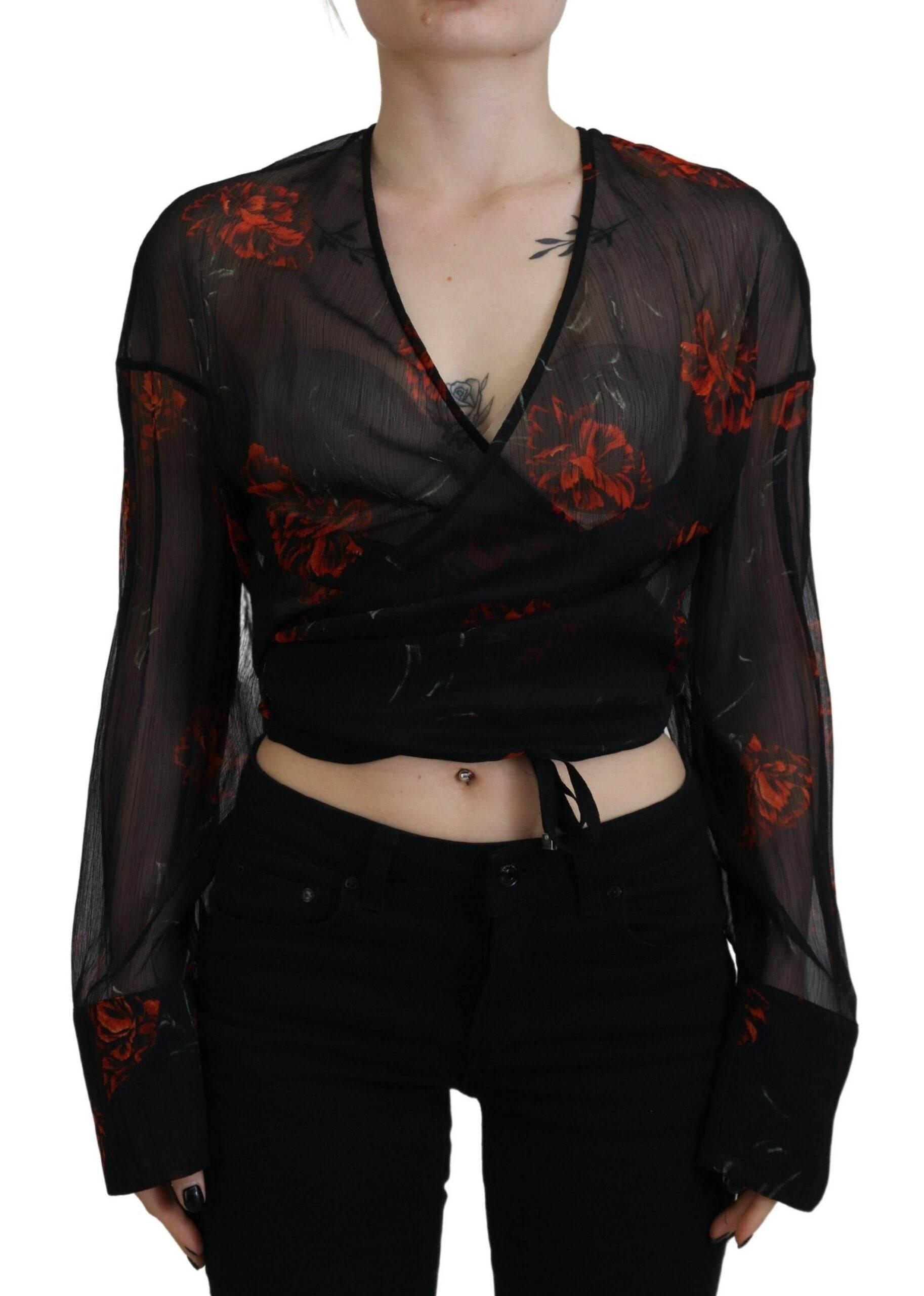 Dsquared² Black Floral Print Cropped Wrap Long Sleeves Top - Hilstor