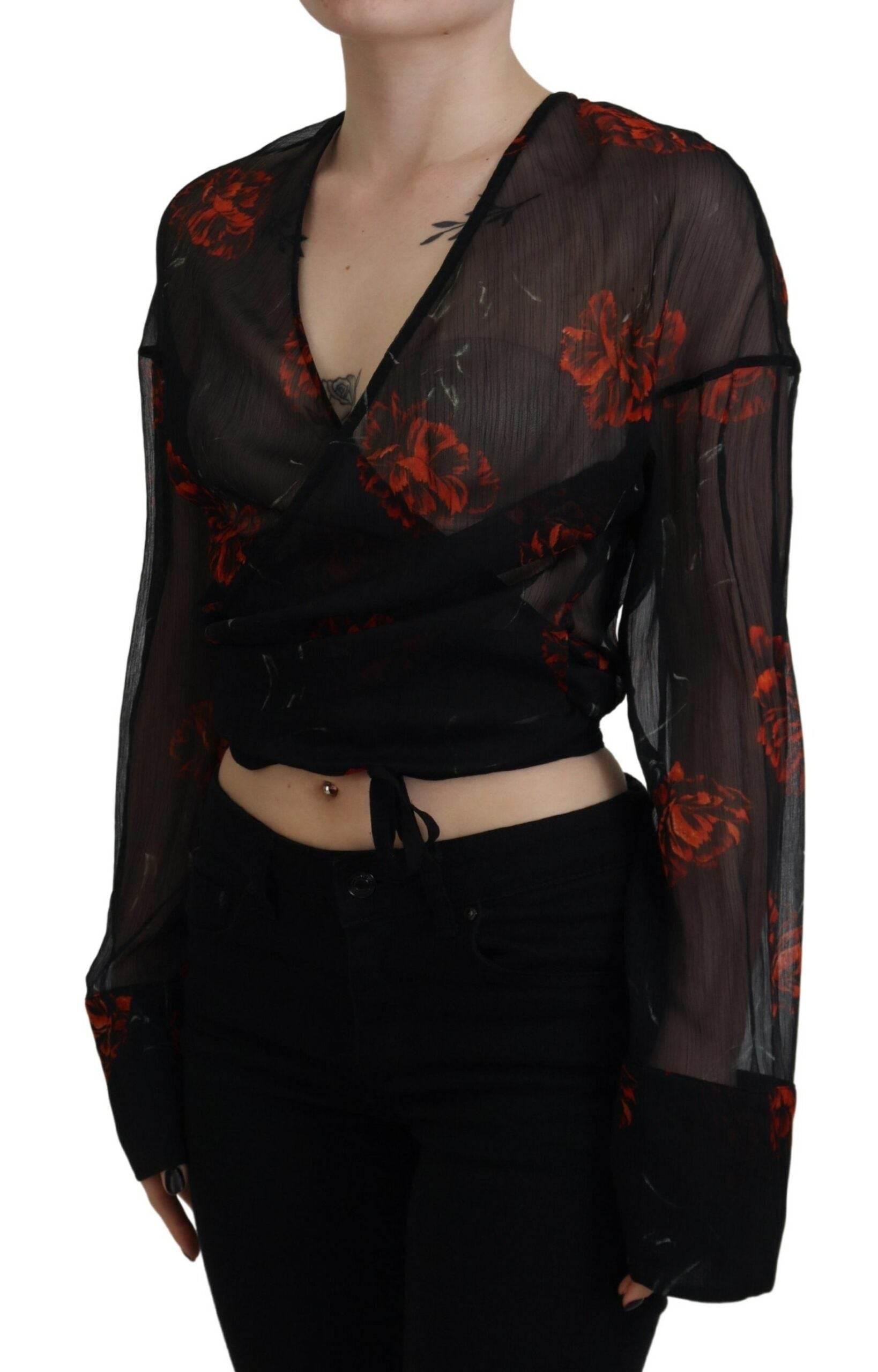 Dsquared² Black Floral Print Cropped Wrap Long Sleeves Top - Hilstor