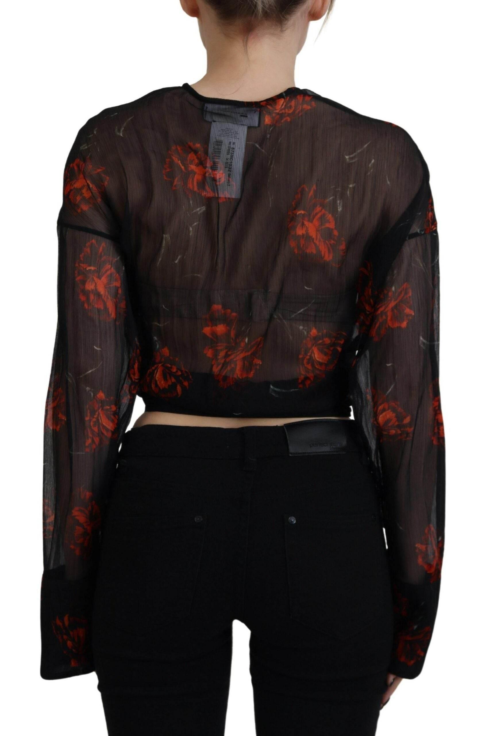 Dsquared² Black Floral Print Cropped Wrap Long Sleeves Top - Hilstor