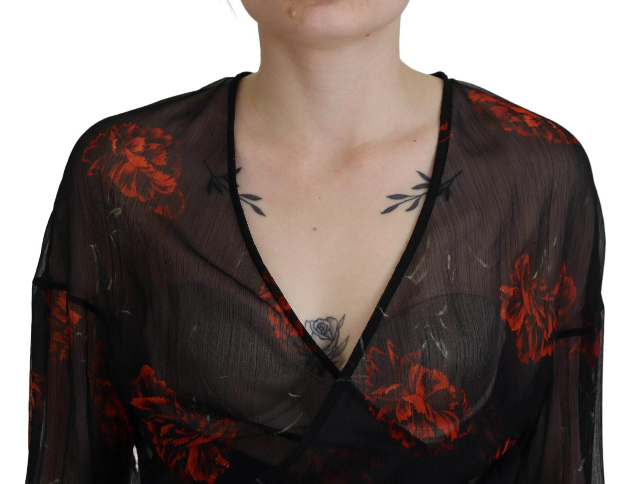 Dsquared² Black Floral Print Cropped Wrap Long Sleeves Top - Hilstor