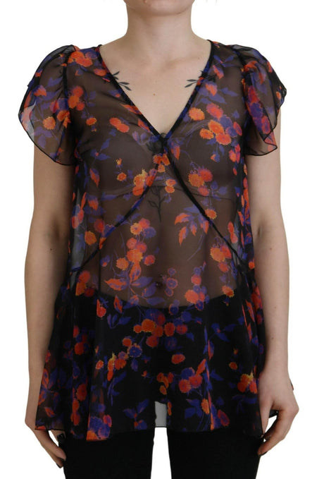 Dsquared² Black Floral Print Short Sleeves V-neck Blouse Top - Hilstor