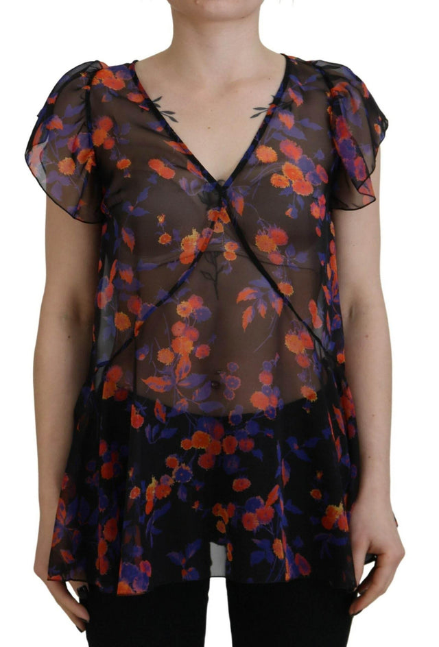 Dsquared² Black Floral Print Short Sleeves V-neck Blouse Top - Hilstor