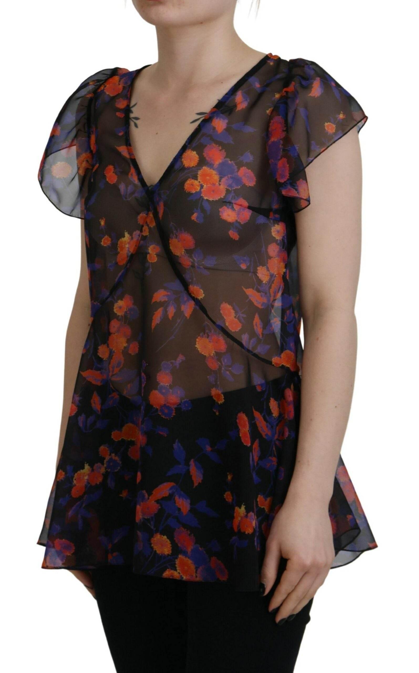 Dsquared² Black Floral Print Short Sleeves V-neck Blouse Top - Hilstor