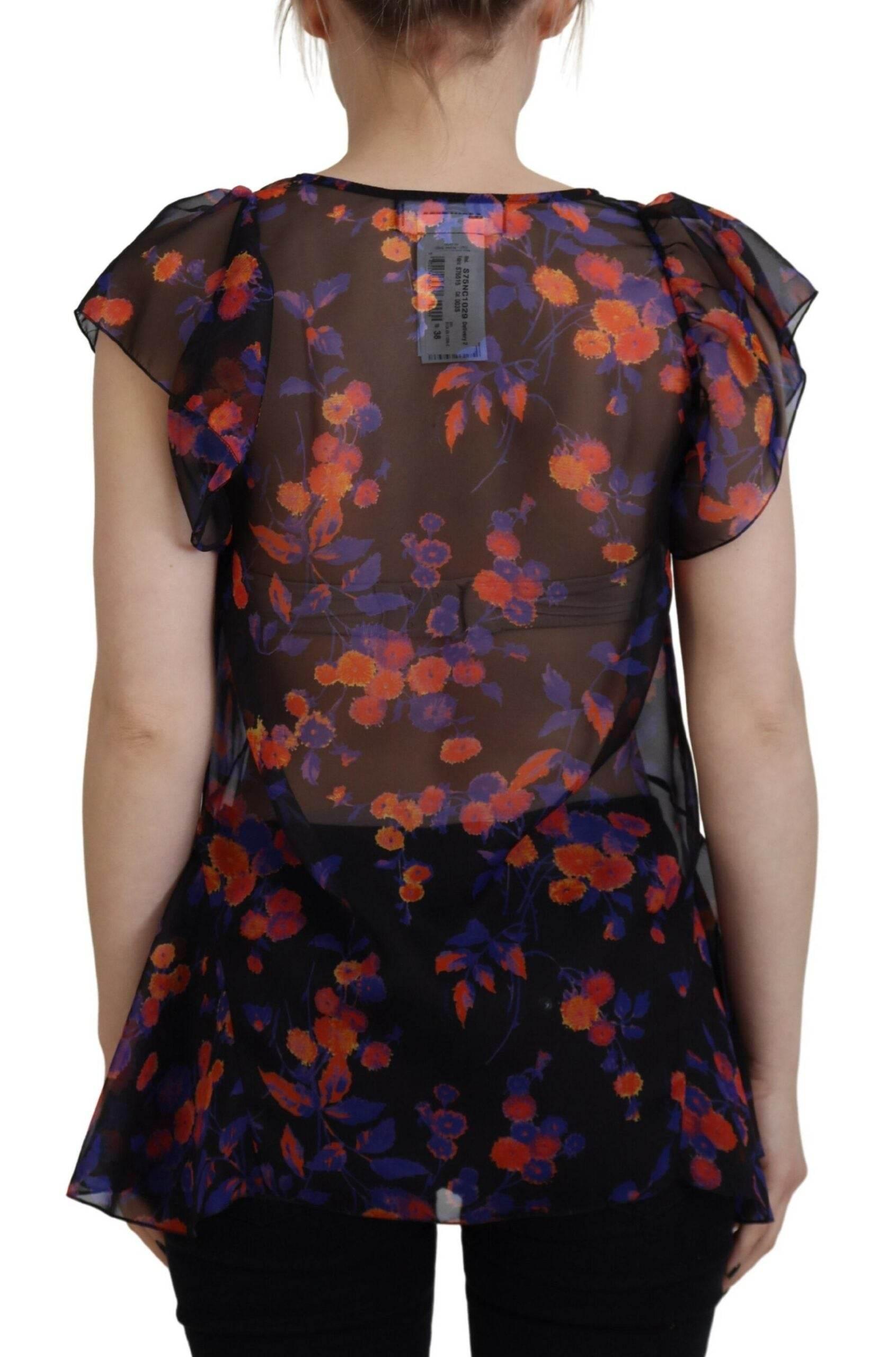 Dsquared² Black Floral Print Short Sleeves V-neck Blouse Top - Hilstor
