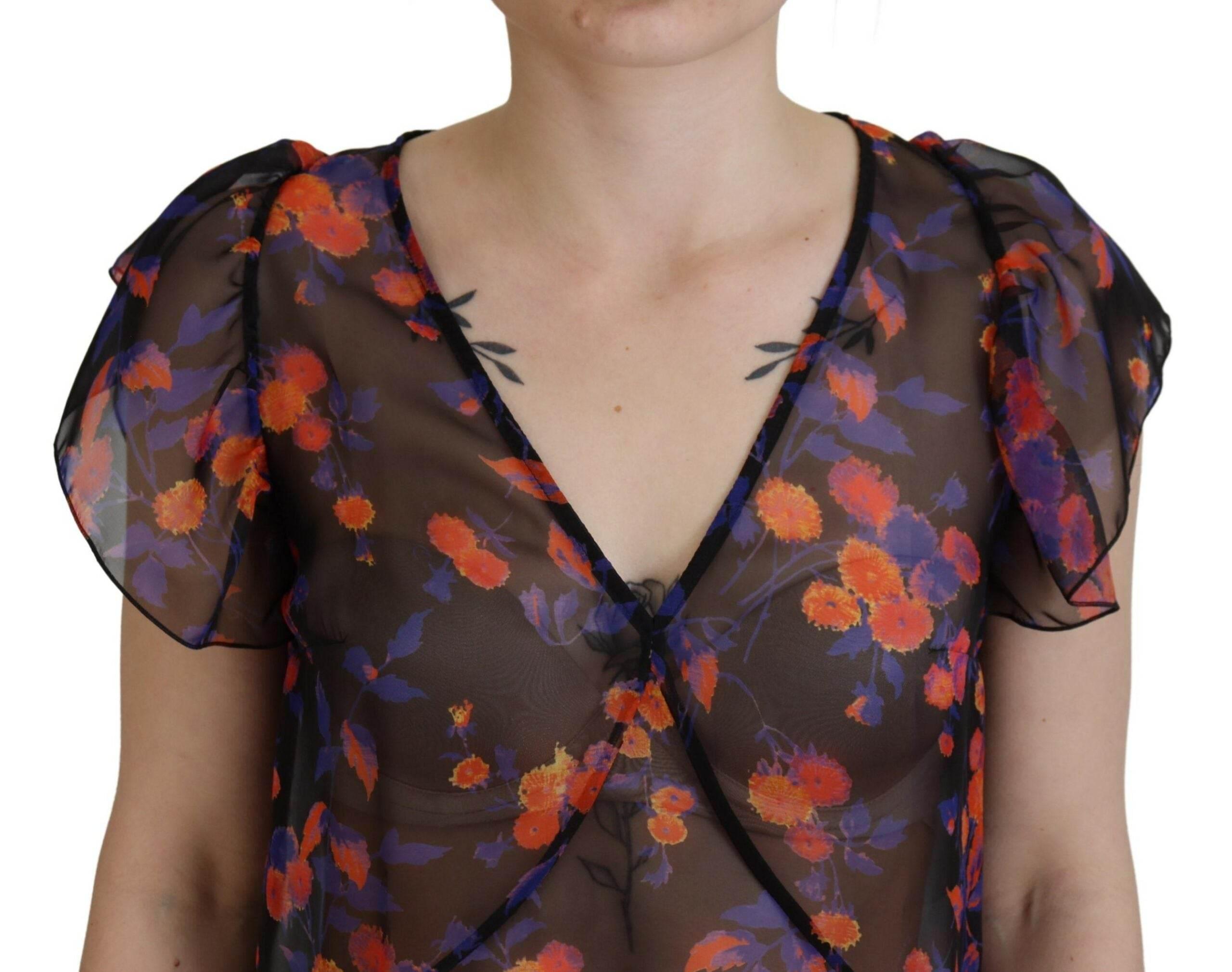 Dsquared² Black Floral Print Short Sleeves V-neck Blouse Top - Hilstor