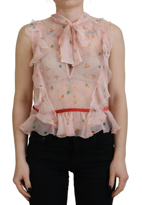 Dsquared² Pink Floral Print Silk Sleeveless Ascot Collar Top - Hilstor