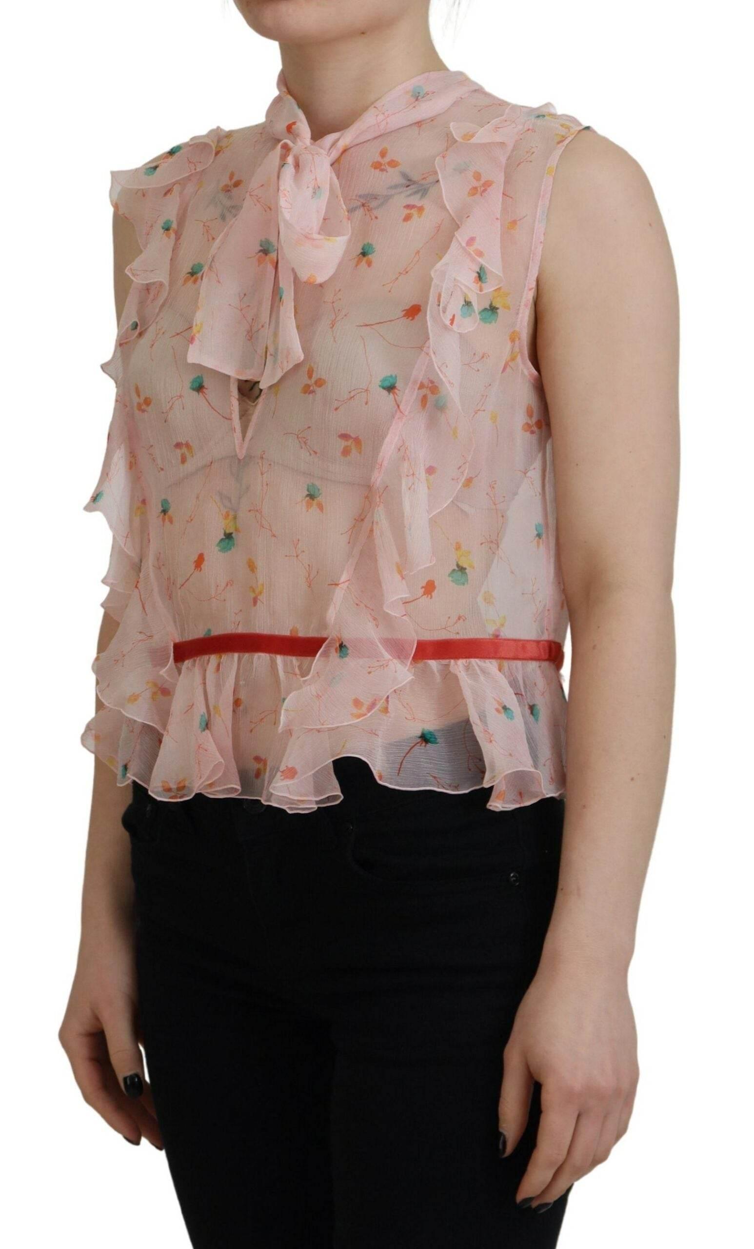 Dsquared² Pink Floral Print Silk Sleeveless Ascot Collar Top - Hilstor
