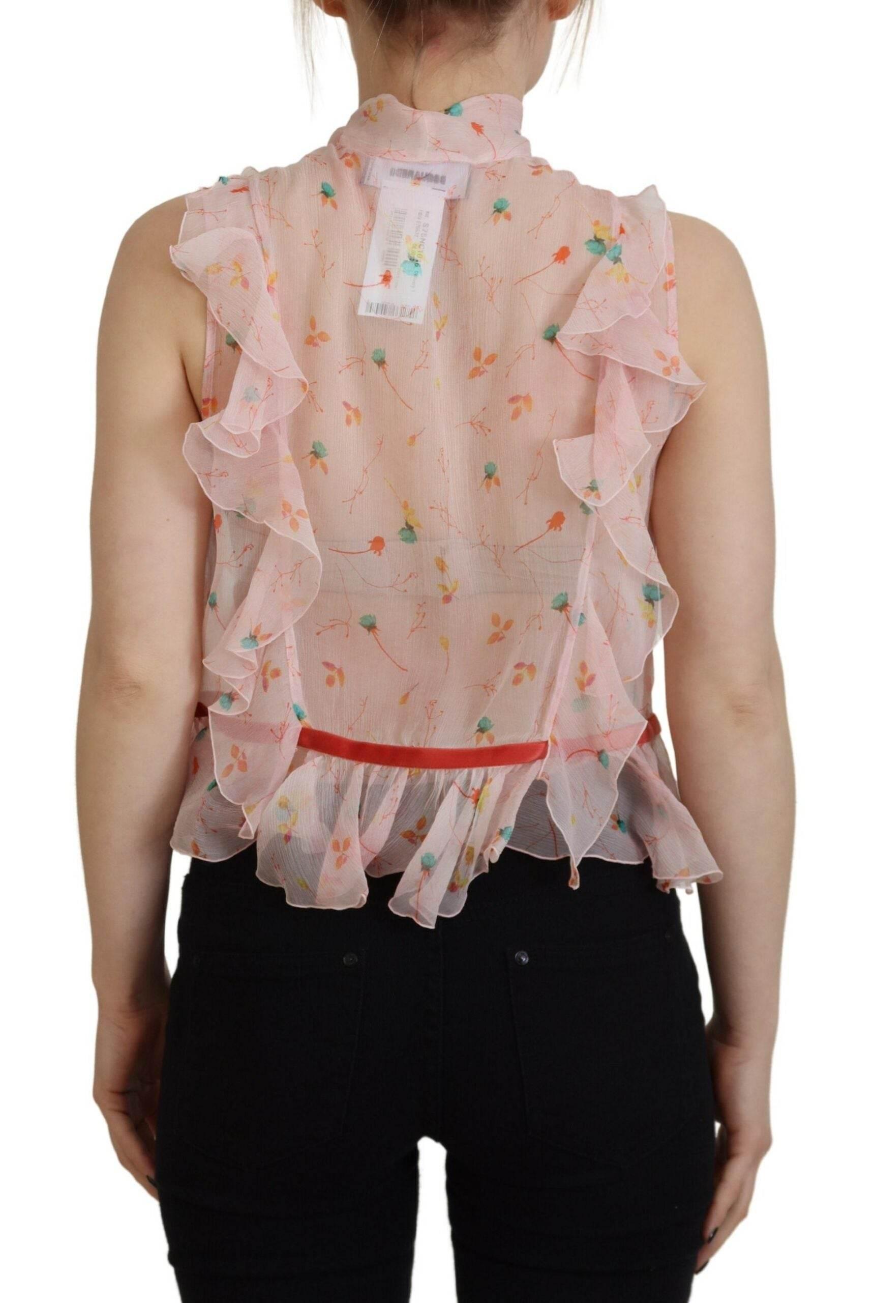 Dsquared² Pink Floral Print Silk Sleeveless Ascot Collar Top - Hilstor