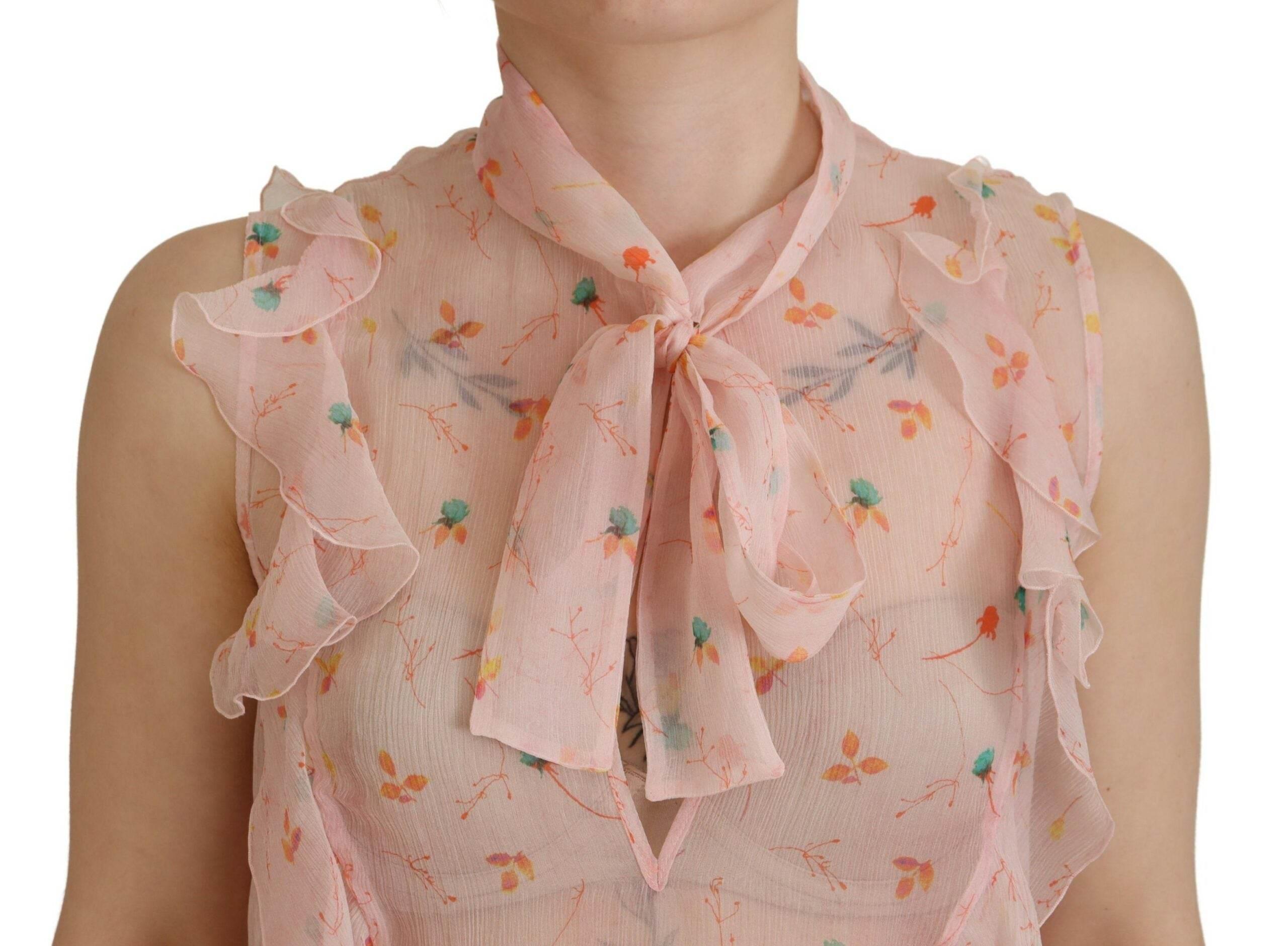Dsquared² Pink Floral Print Silk Sleeveless Ascot Collar Top - Hilstor