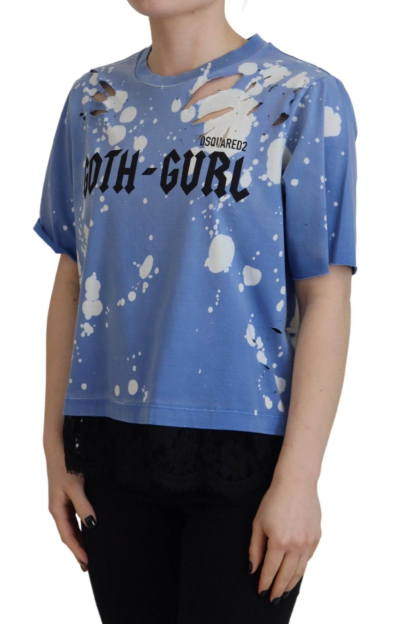 Dsquared² Blue Goth Gurl Print Black Lace Cotton Tee T-shirt - Hilstor