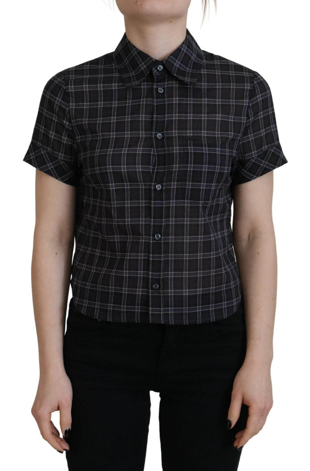Dsquared² Black Checkered Collared Button Short Sleeves Top - Hilstor