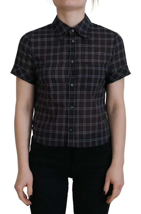 Dsquared² Black Checkered Collared Button Short Sleeves Top - Hilstor
