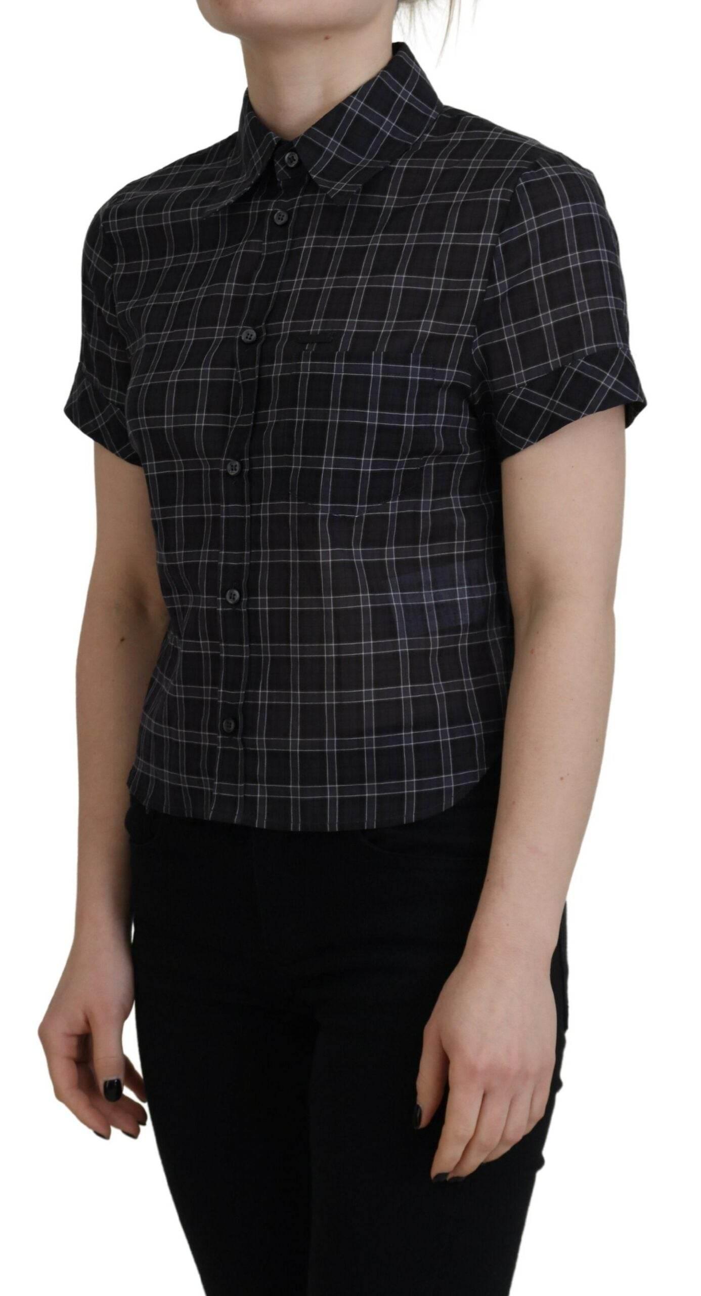 Dsquared² Black Checkered Collared Button Short Sleeves Top - Hilstor