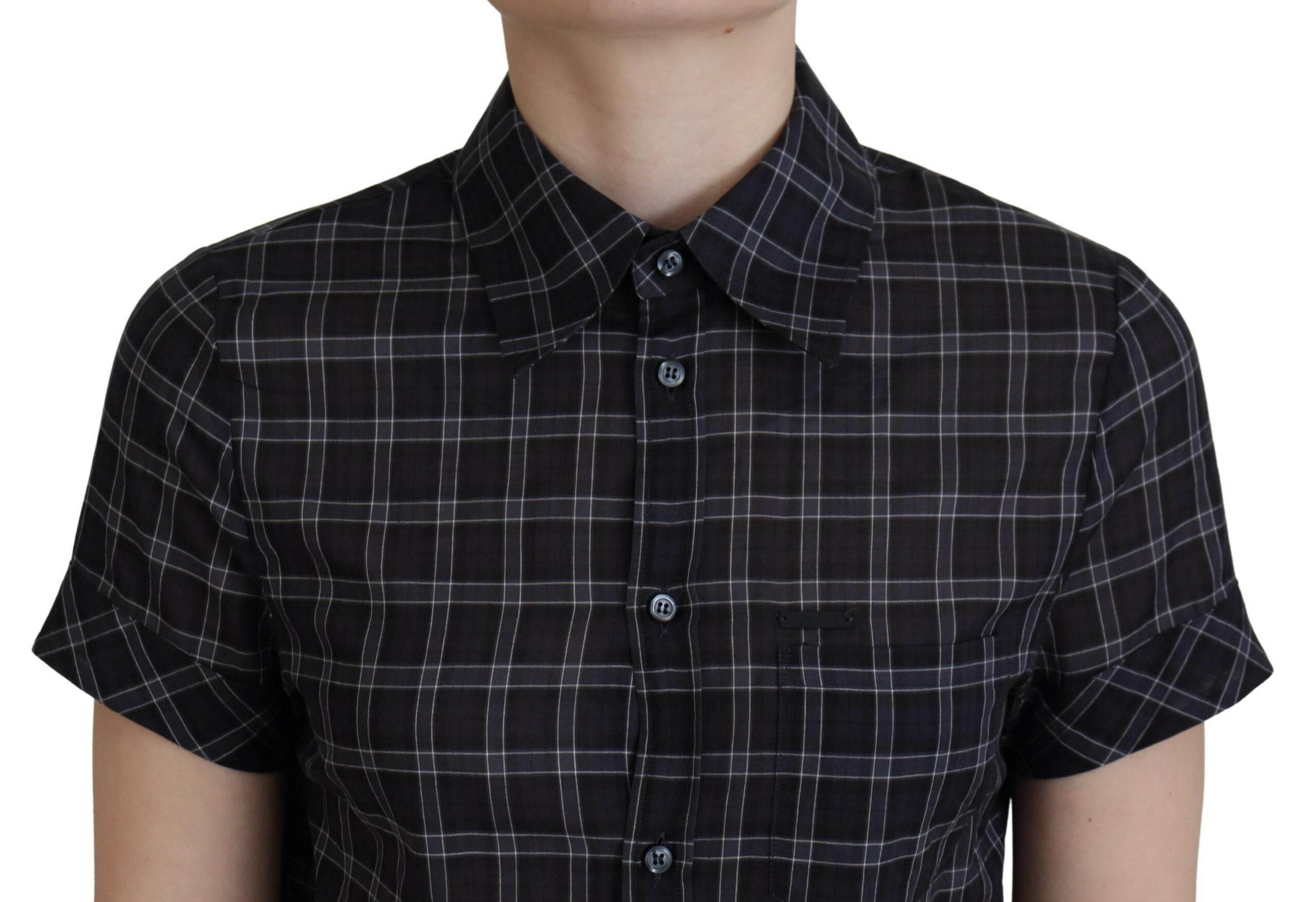 Dsquared² Black Checkered Collared Button Short Sleeves Top - Hilstor