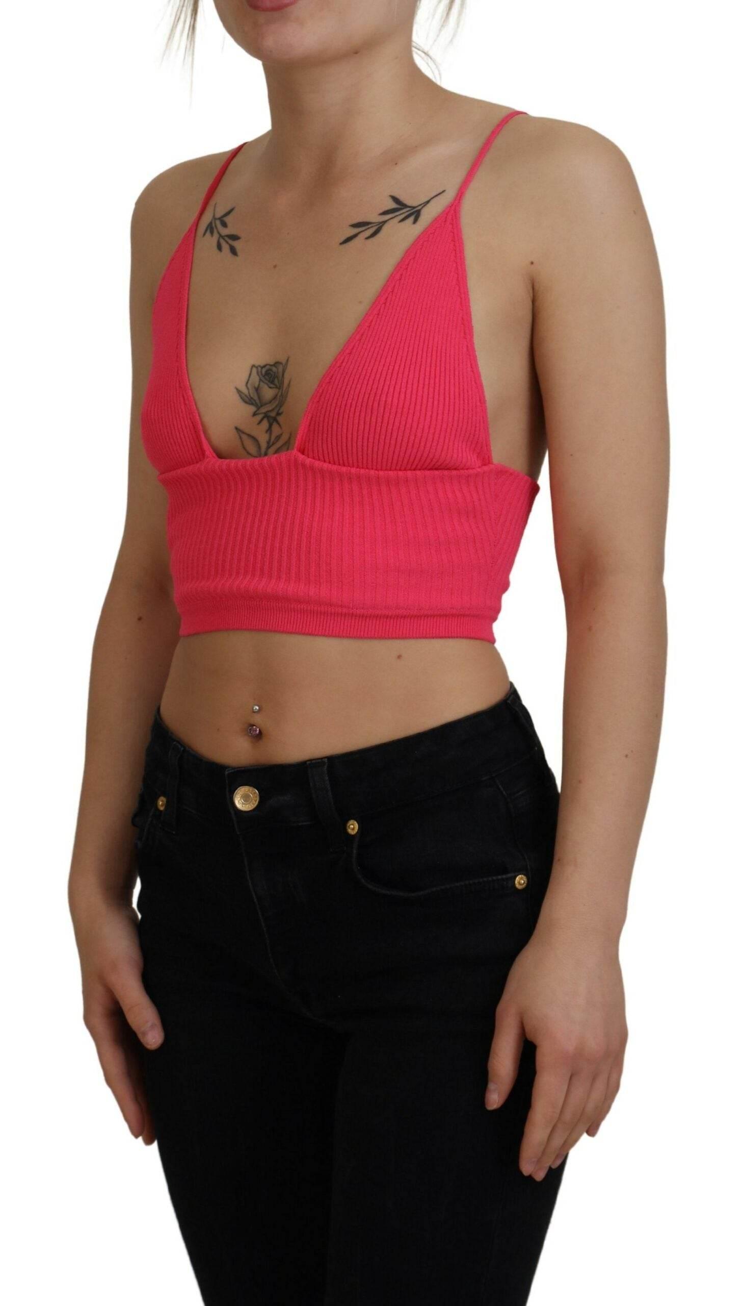 Dsquared² Pink Ribbed Knit Bra Cropped Spaghetti Strap Top - Hilstor