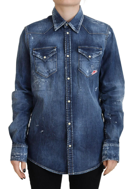 Dsquared² Blue Washed Cotton Button Down Collared Denim Shirt - Hilstor