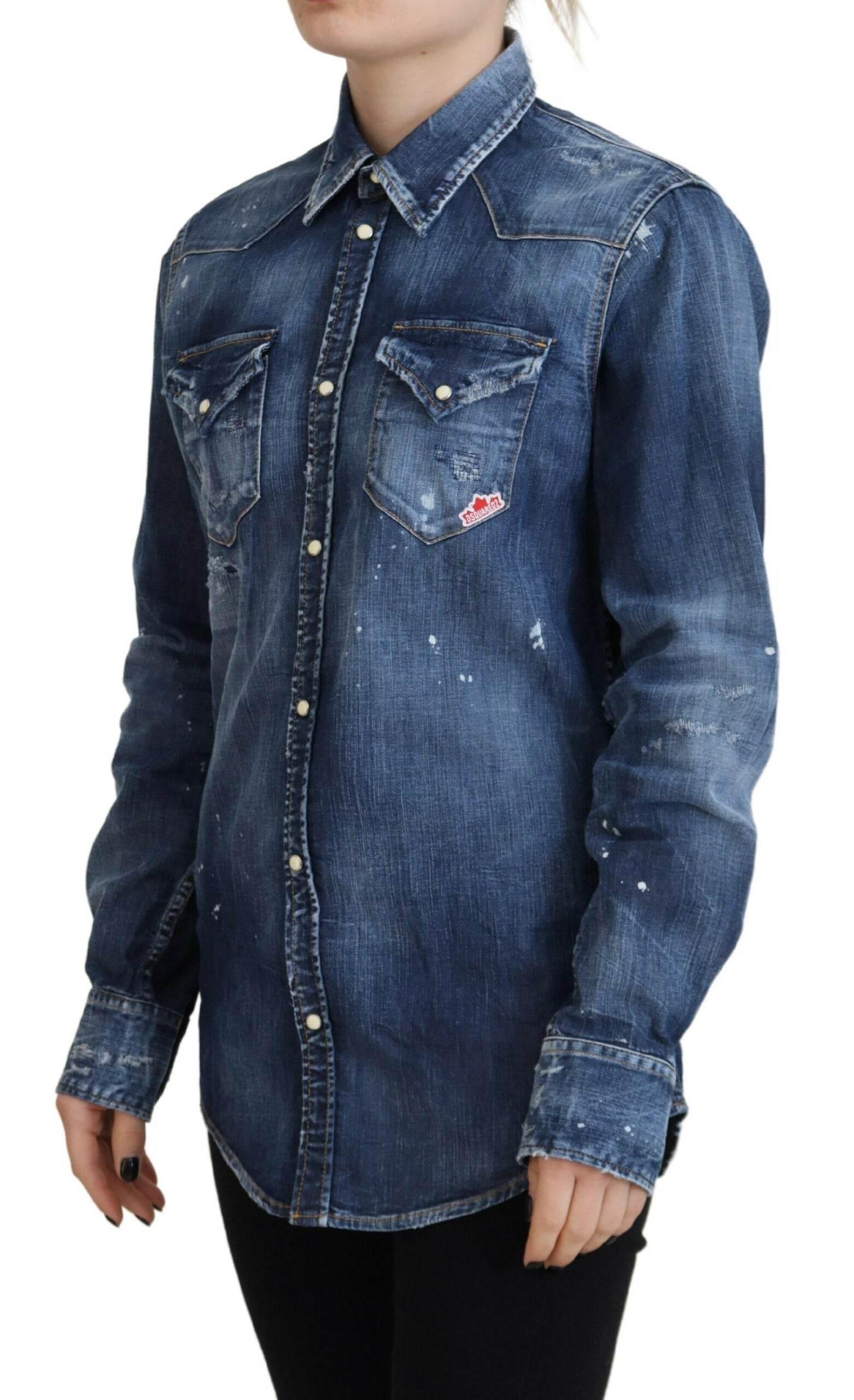Dsquared² Blue Washed Cotton Button Down Collared Denim Shirt - Hilstor