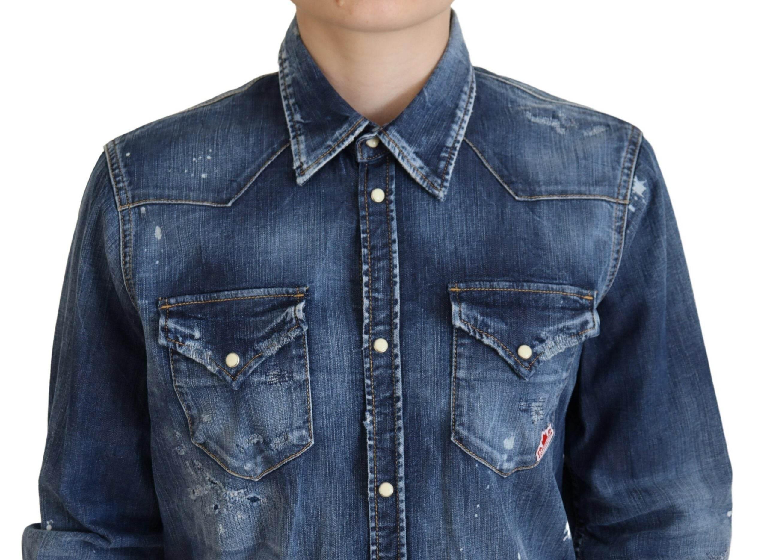 Dsquared² Blue Washed Cotton Button Down Collared Denim Shirt - Hilstor