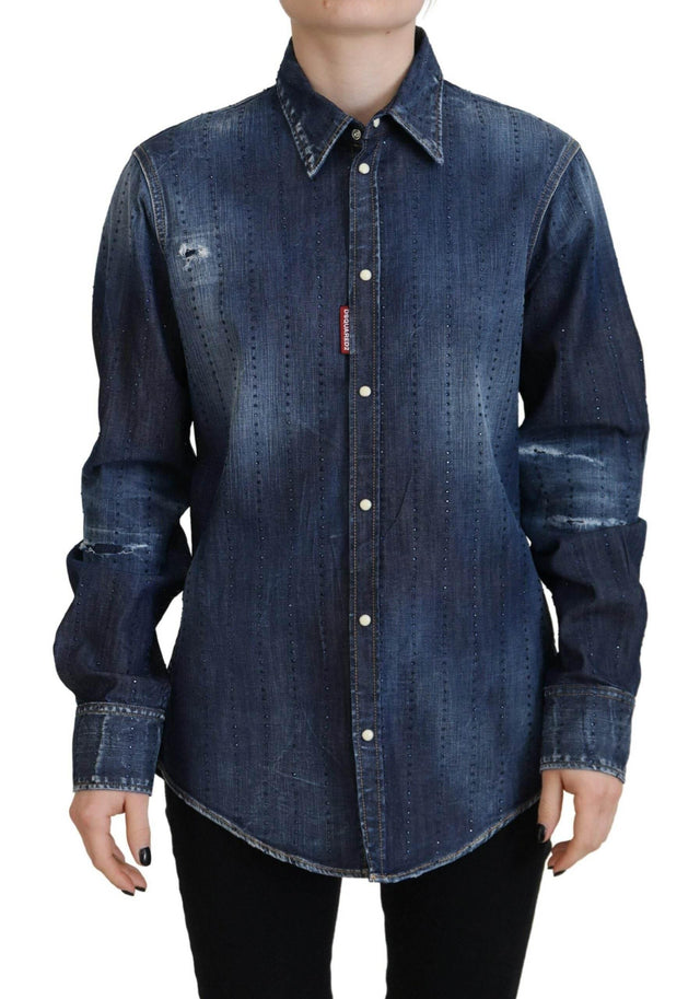 Dsquared² Blue Washed Cotton Button Down Collared Denim Top - Hilstor