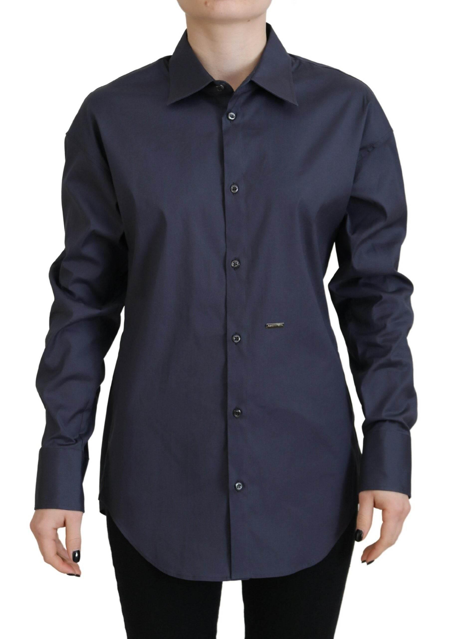 Dsquared² Navy Blue Cotton Button Down Collared Shirt Top - Hilstor
