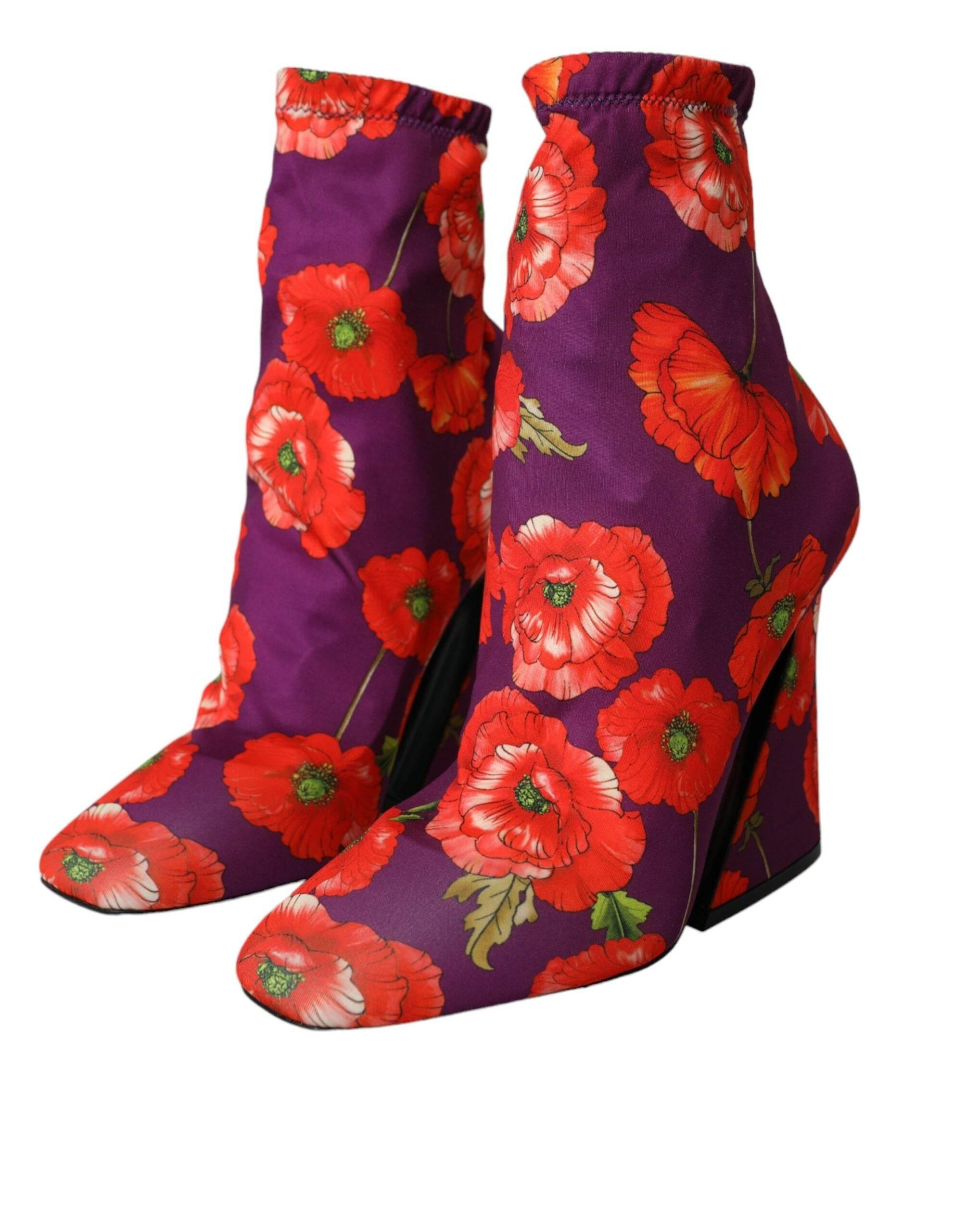 Dolce & Gabbana Purple Floral Jersey Stretch Boots Shoes - Hilstor