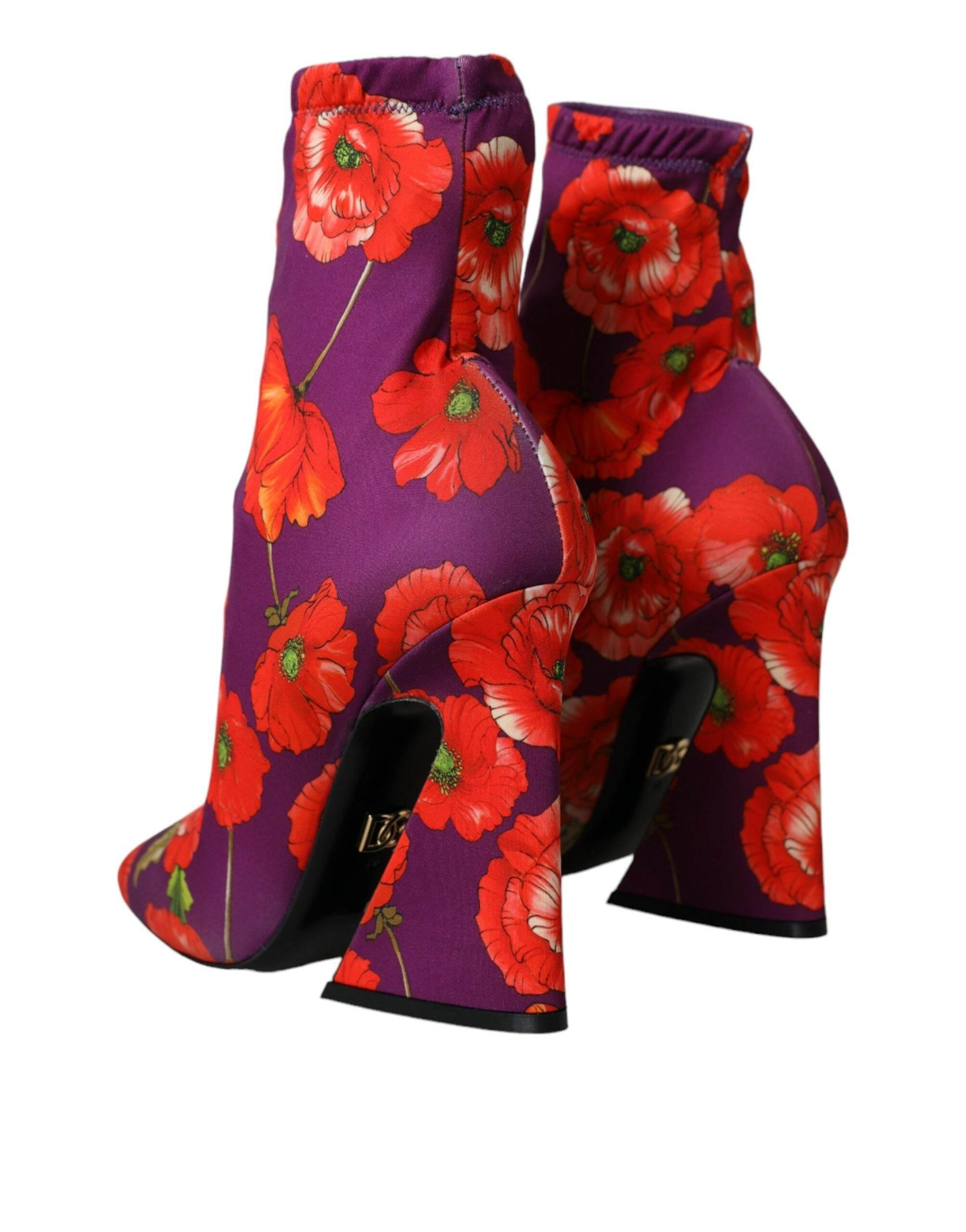 Dolce & Gabbana Purple Floral Jersey Stretch Boots Shoes - Hilstor