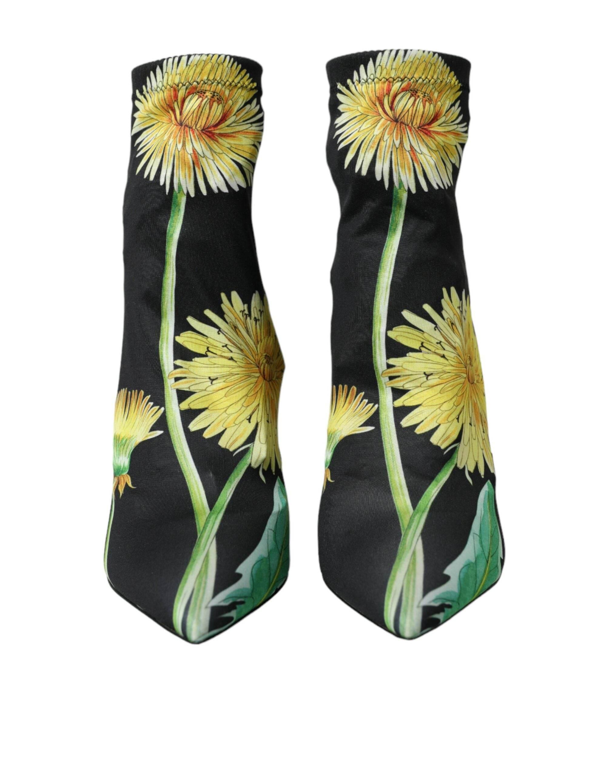 Dolce & Gabbana Black Floral Jersey Stretch Ankle Boots Shoes - Hilstor