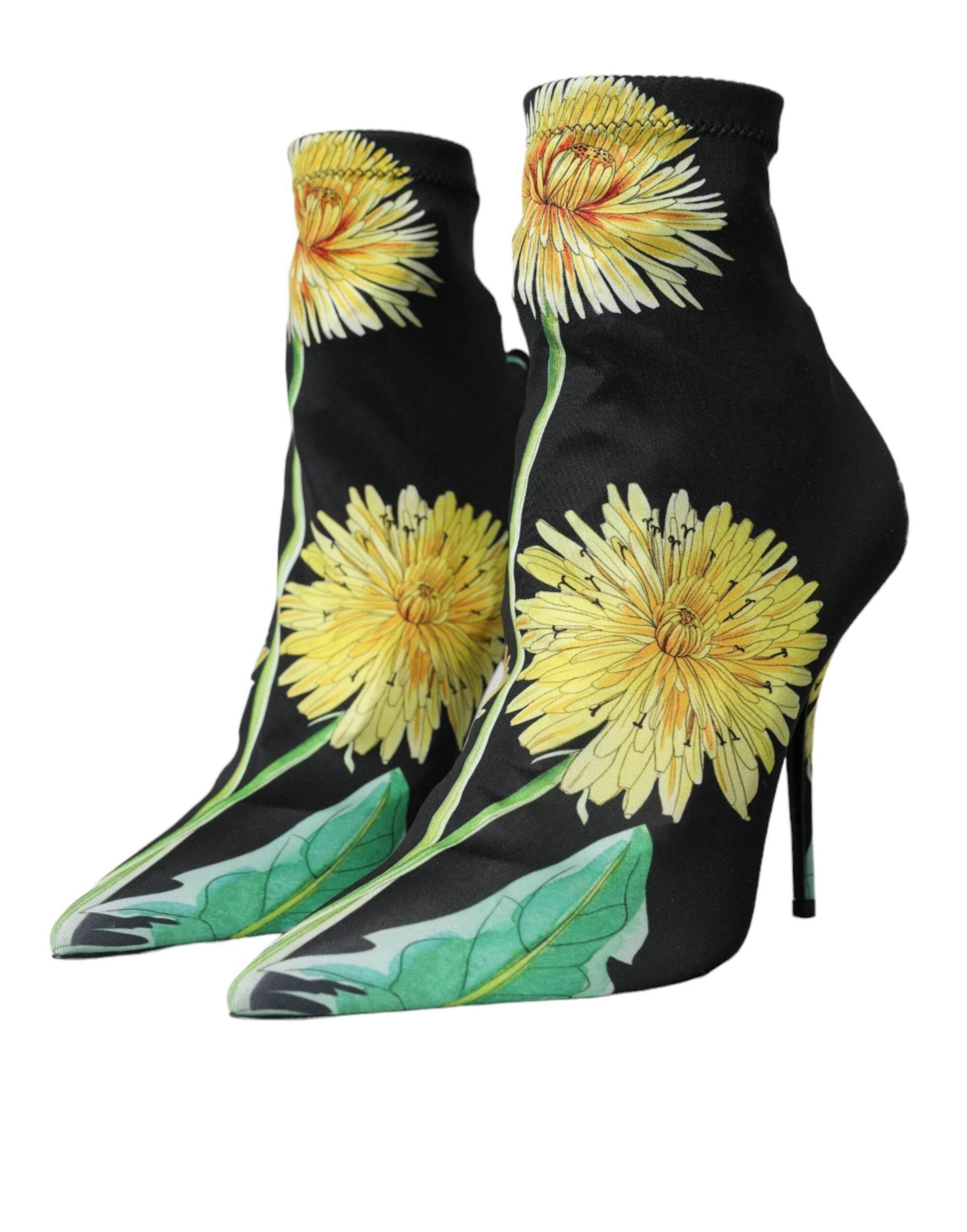 Dolce & Gabbana Black Floral Jersey Stretch Ankle Boots Shoes - Hilstor