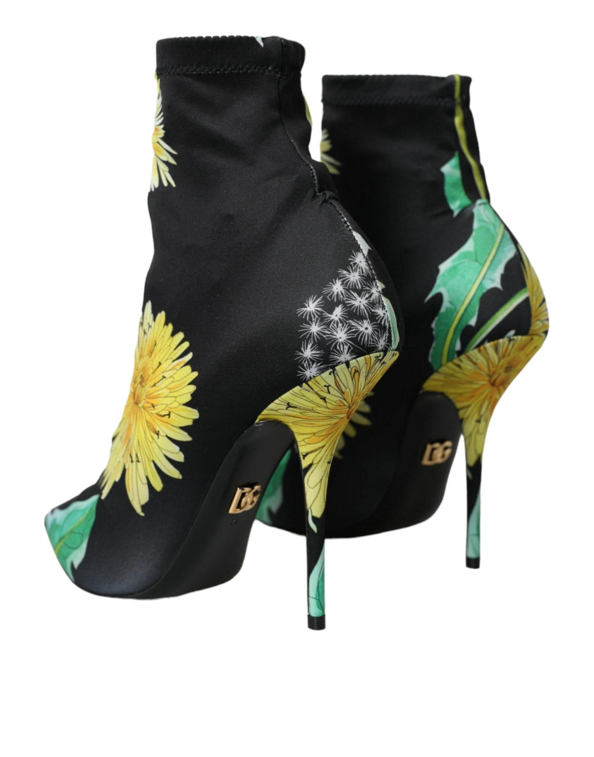 Dolce & Gabbana Black Floral Jersey Stretch Ankle Boots Shoes - Hilstor