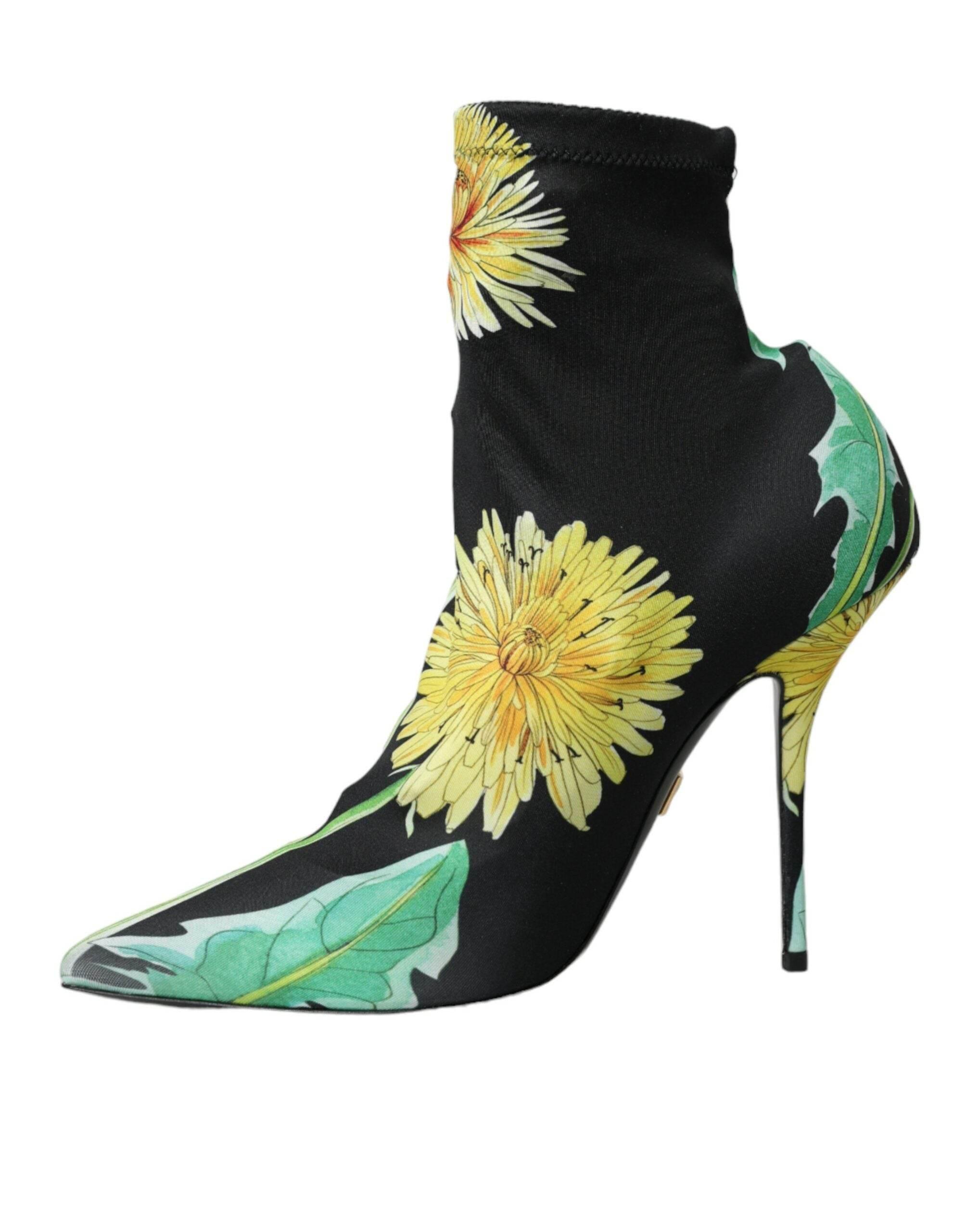 Dolce & Gabbana Black Floral Jersey Stretch Ankle Boots Shoes - Hilstor