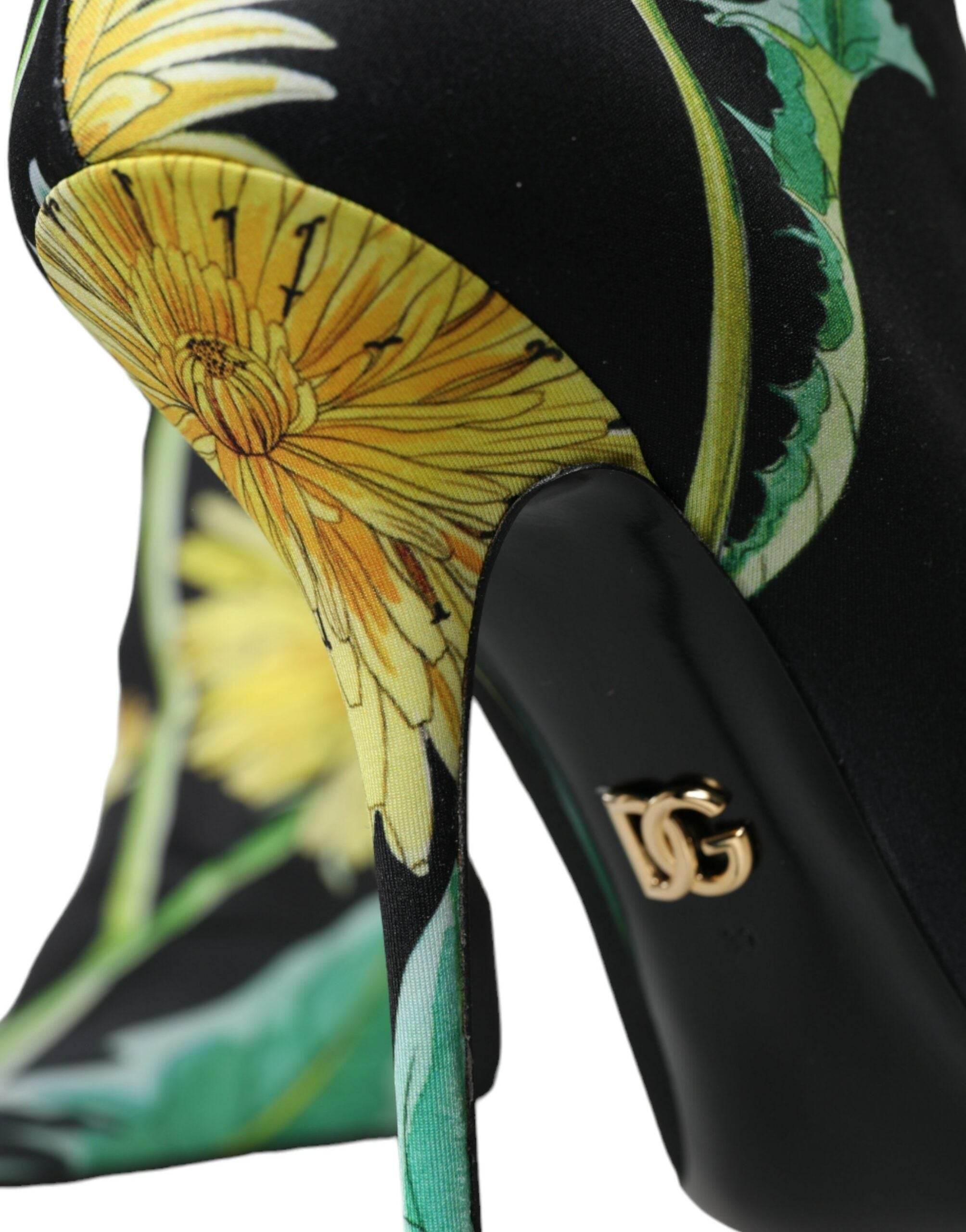 Dolce & Gabbana Black Floral Jersey Stretch Ankle Boots Shoes - Hilstor