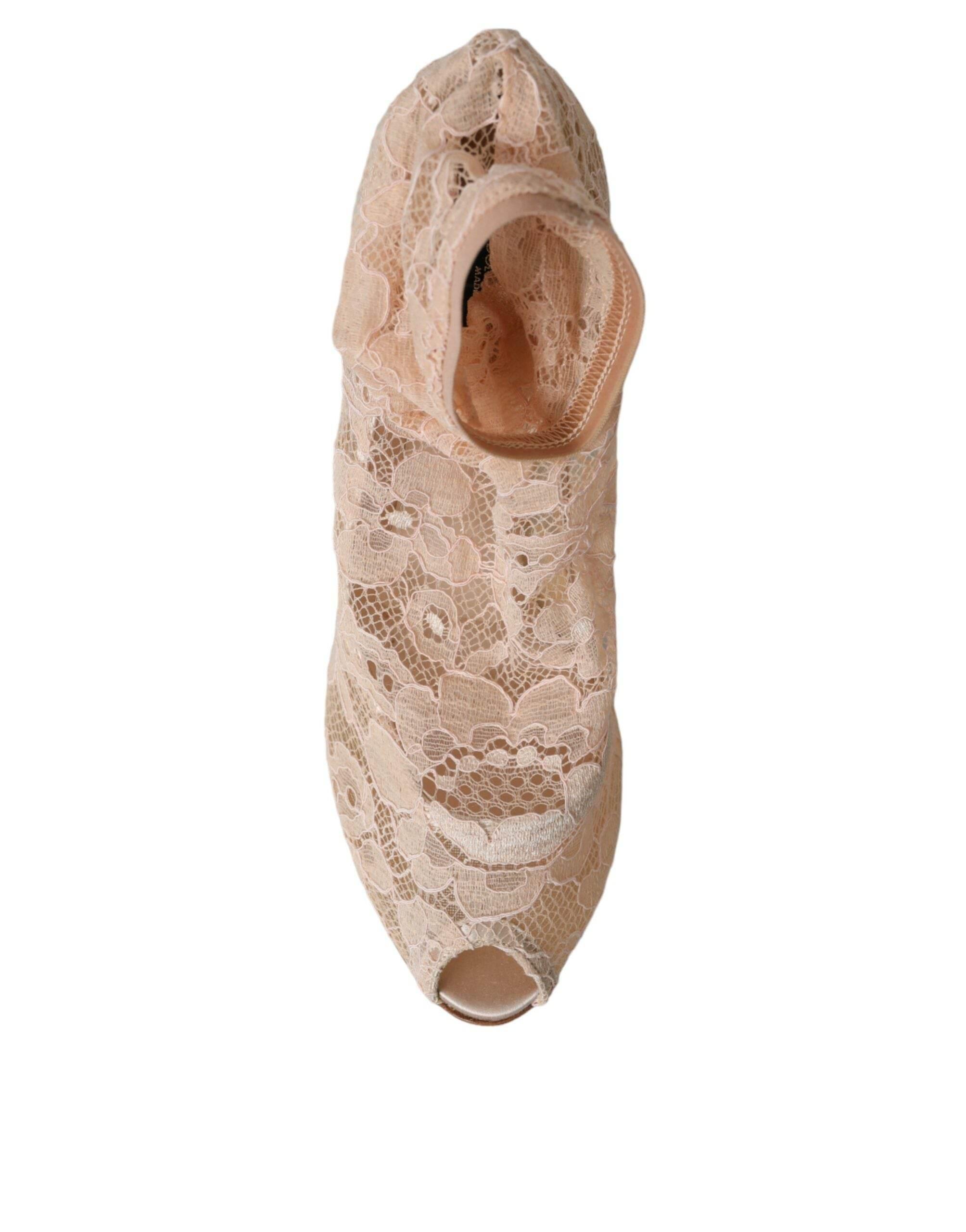 Dolce & Gabbana Beige Stretch Taormina Lace Boots Shoes - Hilstor
