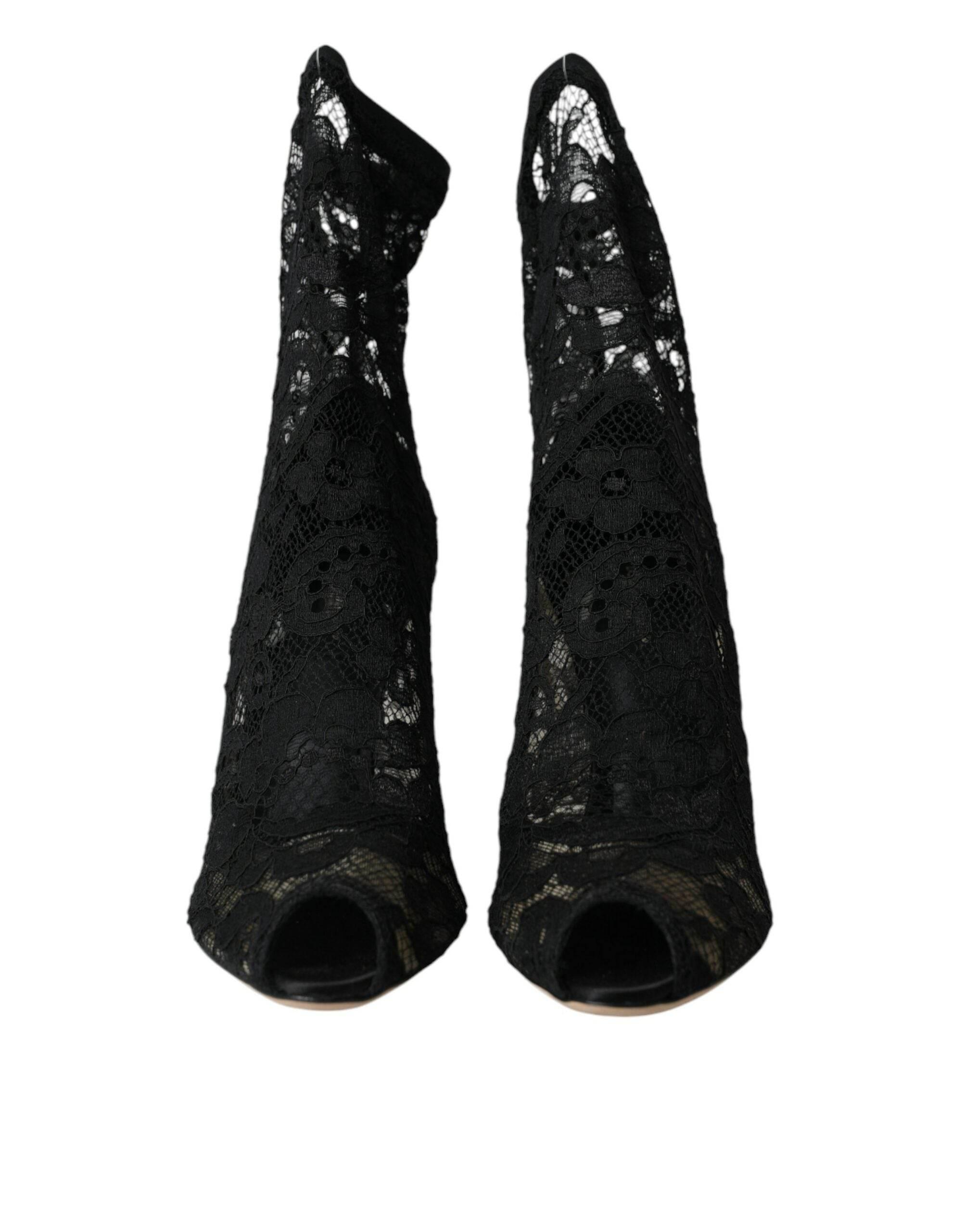 Dolce & Gabbana Black Stretch Taormina Lace Boots Shoes - Hilstor