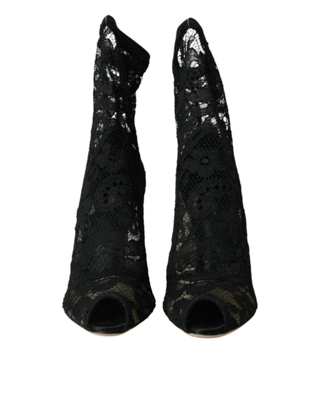 Dolce & Gabbana Black Stretch Taormina Lace Boots Shoes - Hilstor