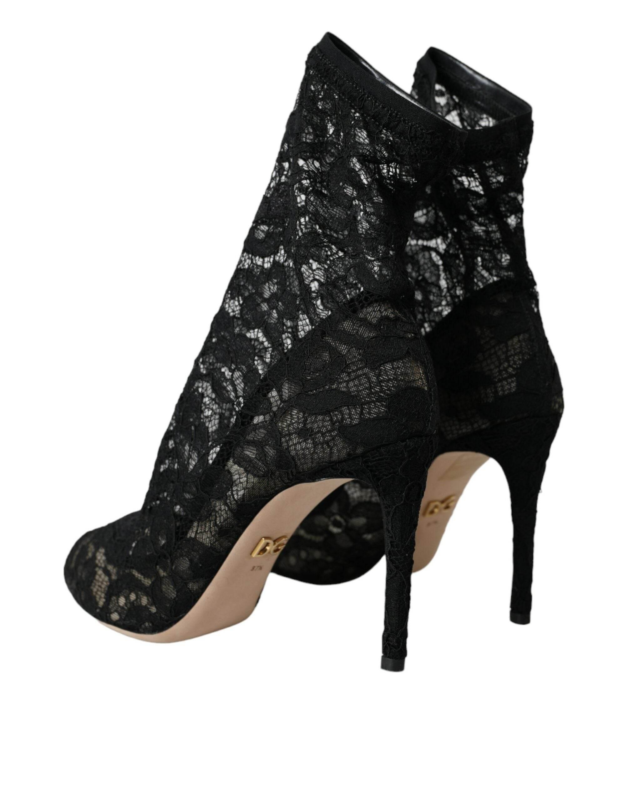 Dolce & Gabbana Black Stretch Taormina Lace Boots Shoes - Hilstor