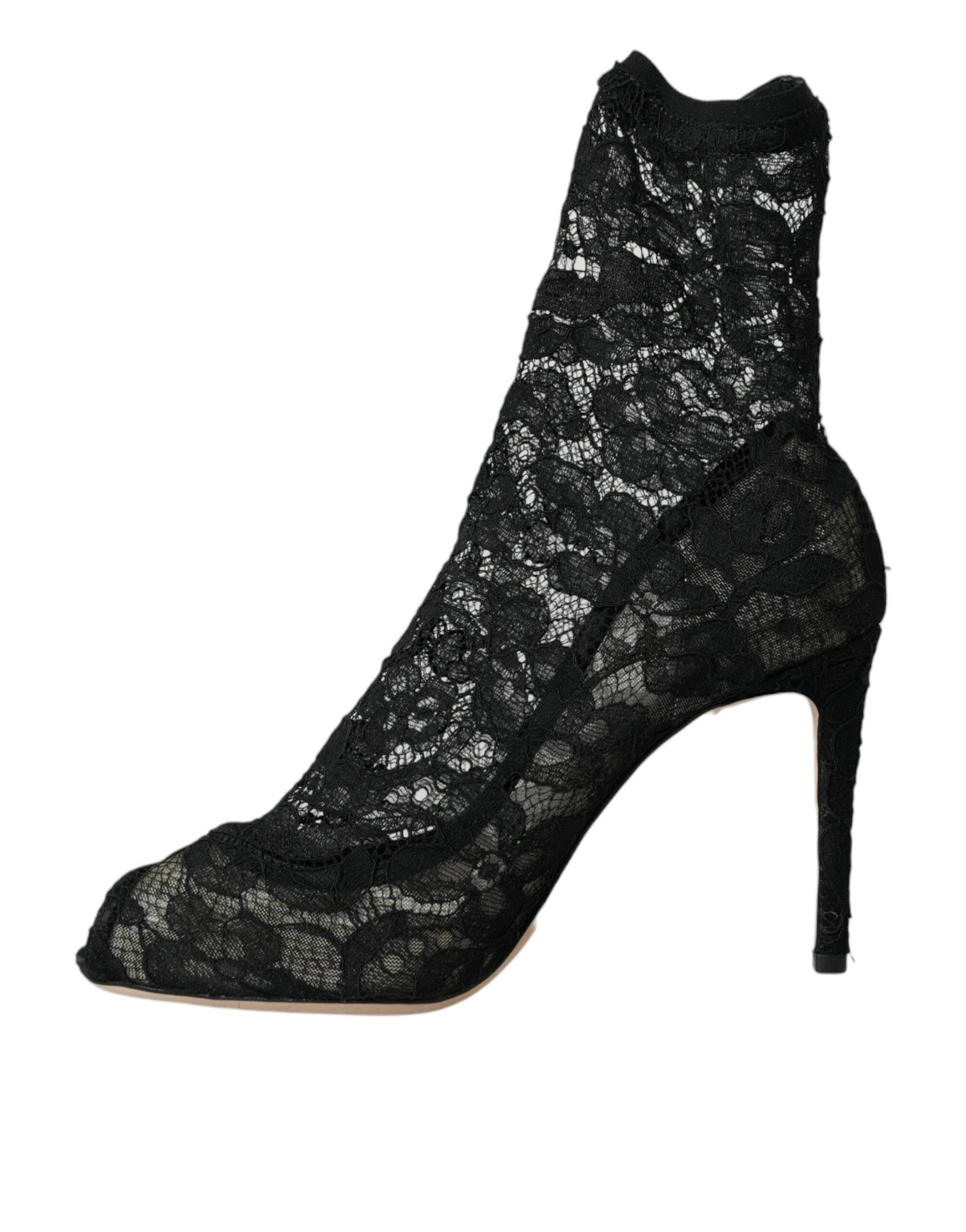 Dolce & Gabbana Black Stretch Taormina Lace Boots Shoes - Hilstor