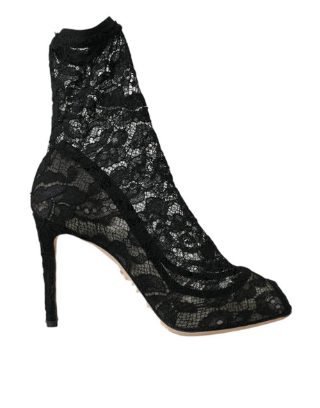 Dolce & Gabbana Black Stretch Taormina Lace Boots Shoes - Hilstor