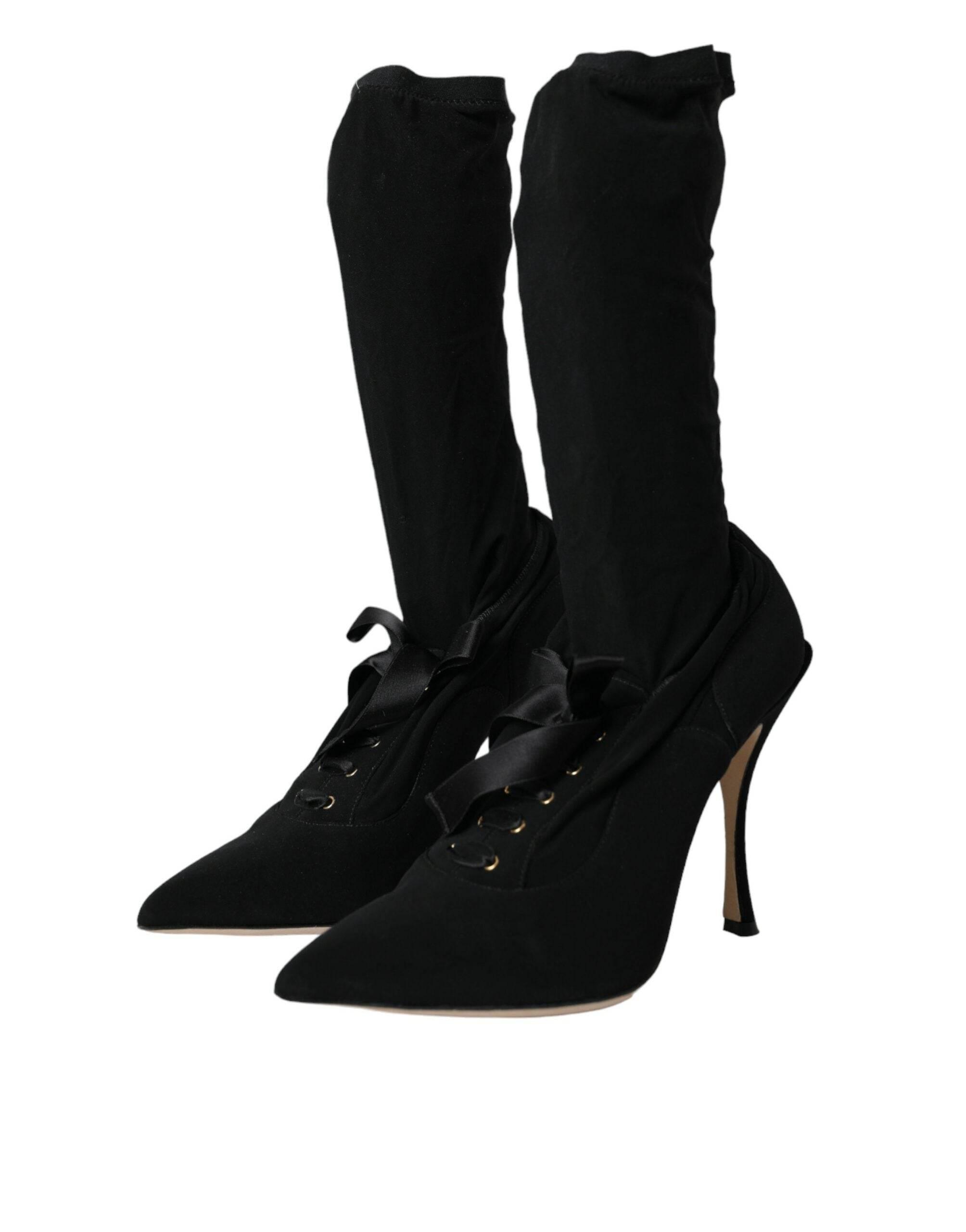 Dolce & Gabbana Black Stiletto Heels Mid Calf Boots Shoes - Hilstor