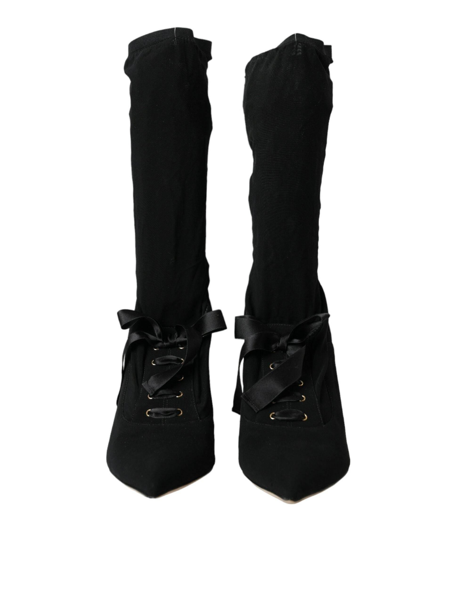 Dolce & Gabbana Black Stiletto Heels Mid Calf Boots Shoes - Hilstor