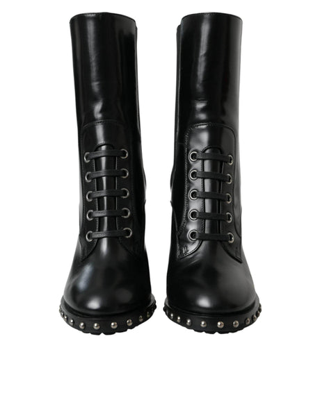 Dolce & Gabbana Black Leather Studded Lace Up Boots Shoes - Hilstor