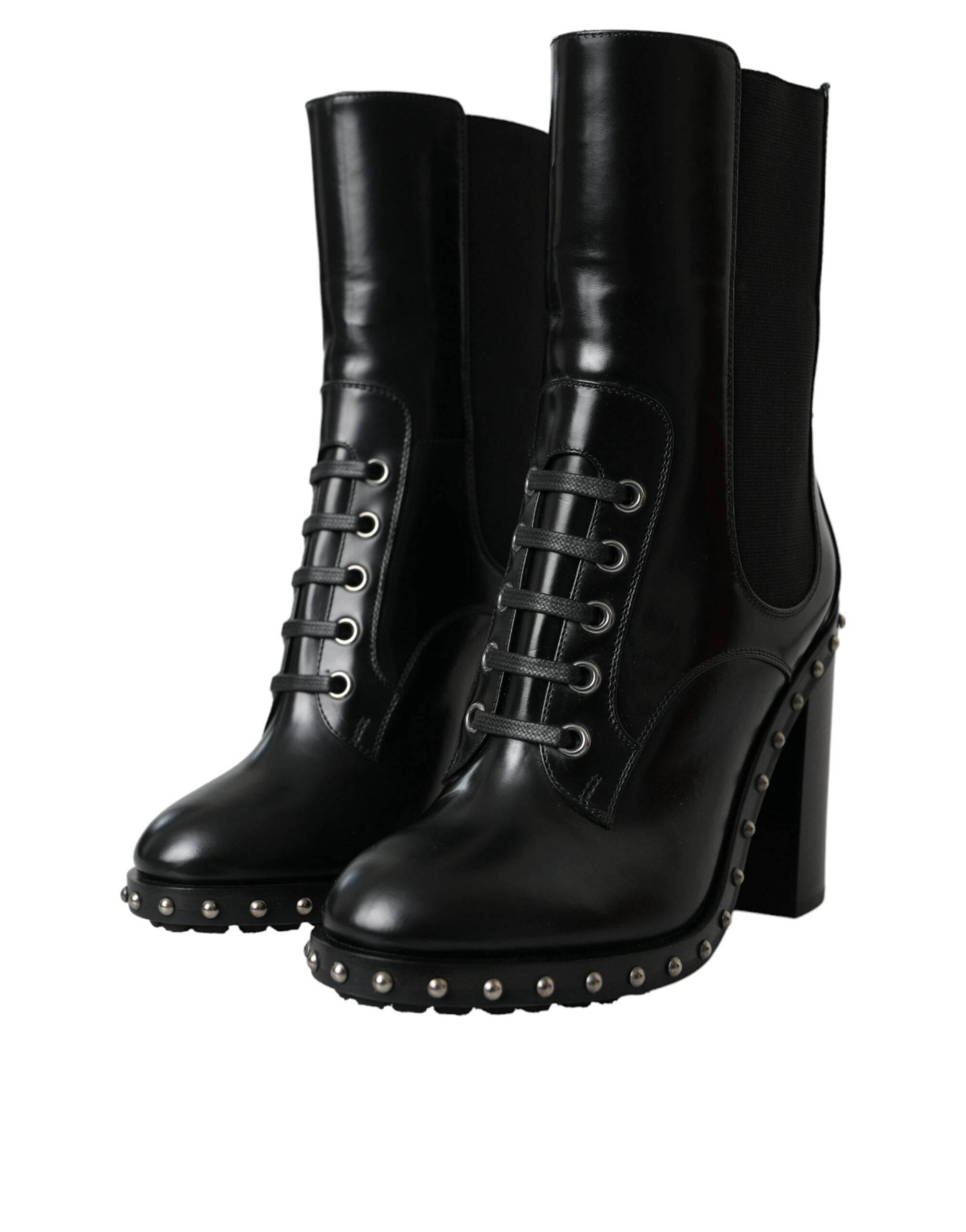 Dolce & Gabbana Black Leather Studded Lace Up Boots Shoes - Hilstor