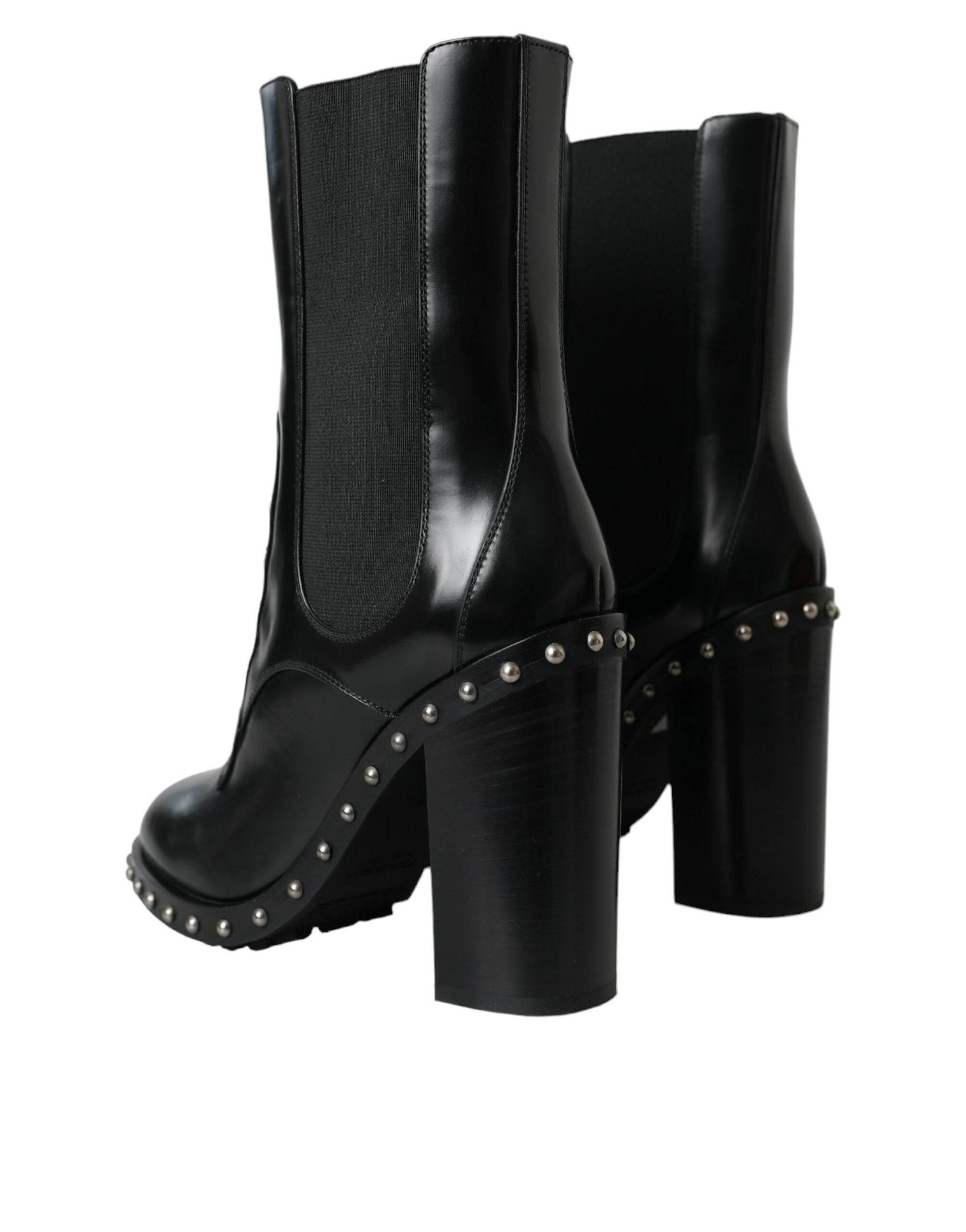 Dolce & Gabbana Black Leather Studded Lace Up Boots Shoes - Hilstor