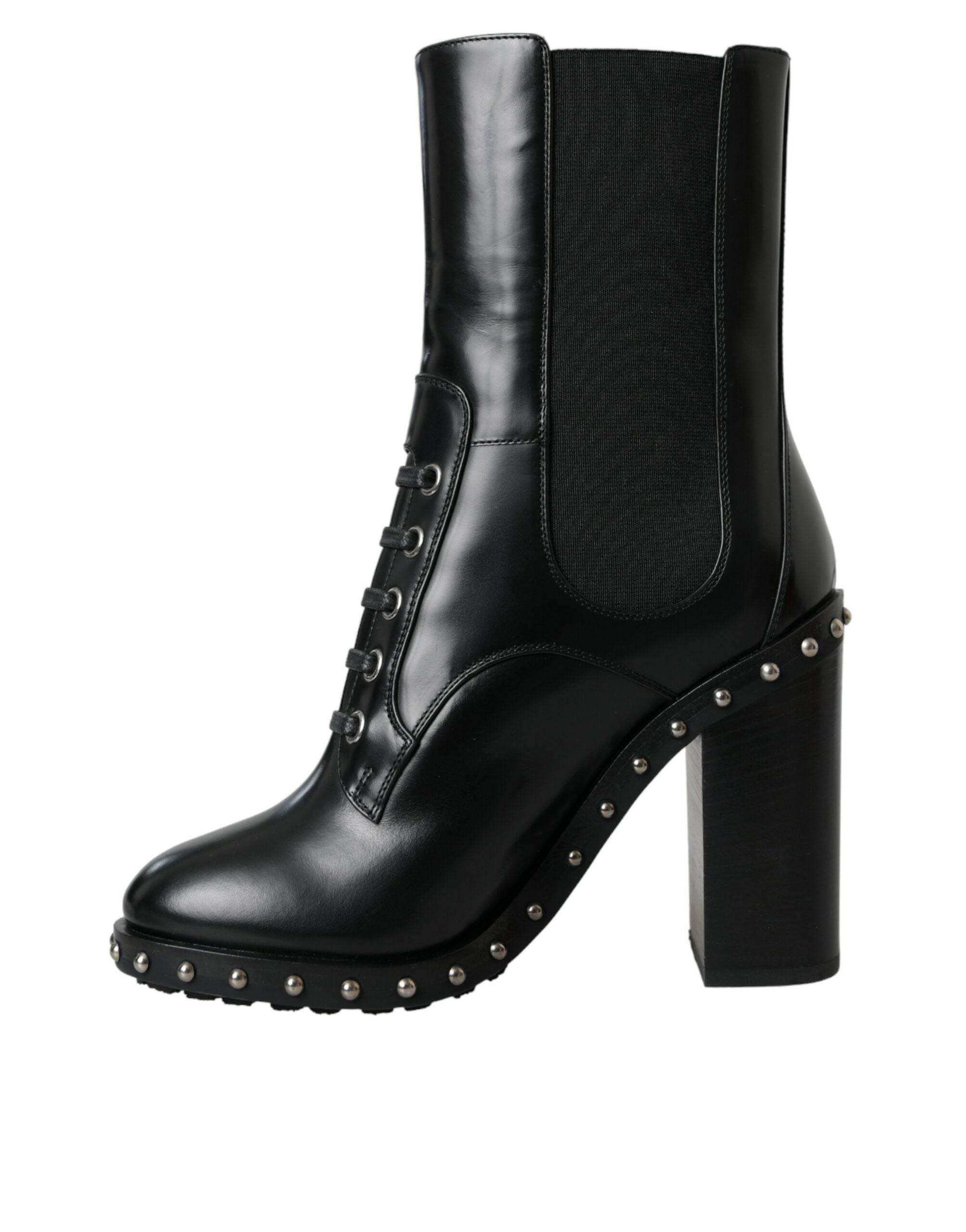 Dolce & Gabbana Black Leather Studded Lace Up Boots Shoes - Hilstor