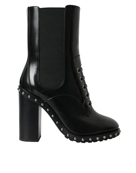 Dolce & Gabbana Black Leather Studded Lace Up Boots Shoes - Hilstor