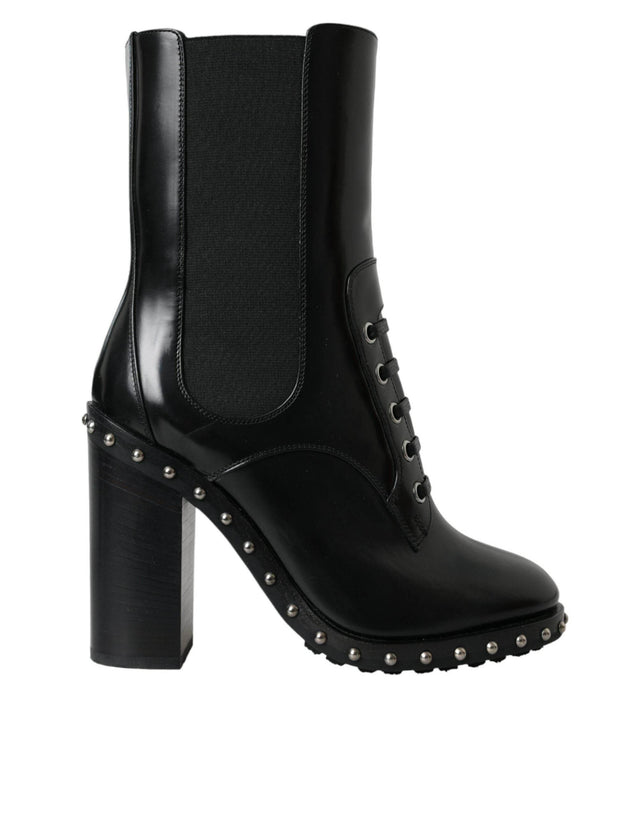 Dolce & Gabbana Black Leather Studded Lace Up Boots Shoes - Hilstor