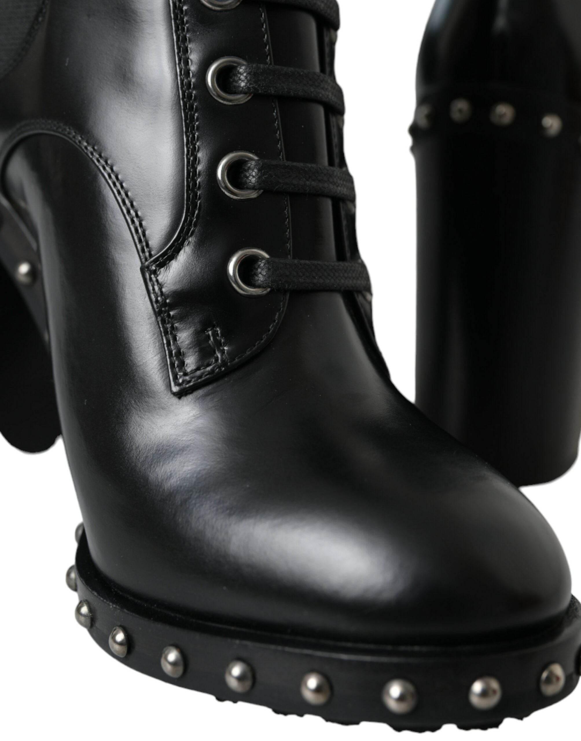 Dolce & Gabbana Black Leather Studded Lace Up Boots Shoes - Hilstor